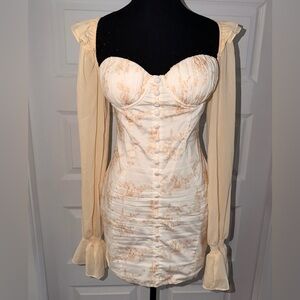 Cream Floral Corset Mini Dress with Sheer Sleeves 🤍